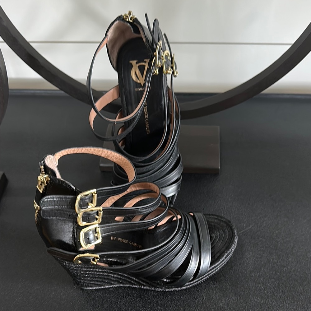 Vince Camuto Black Wedge Sandals with Strappy Design
